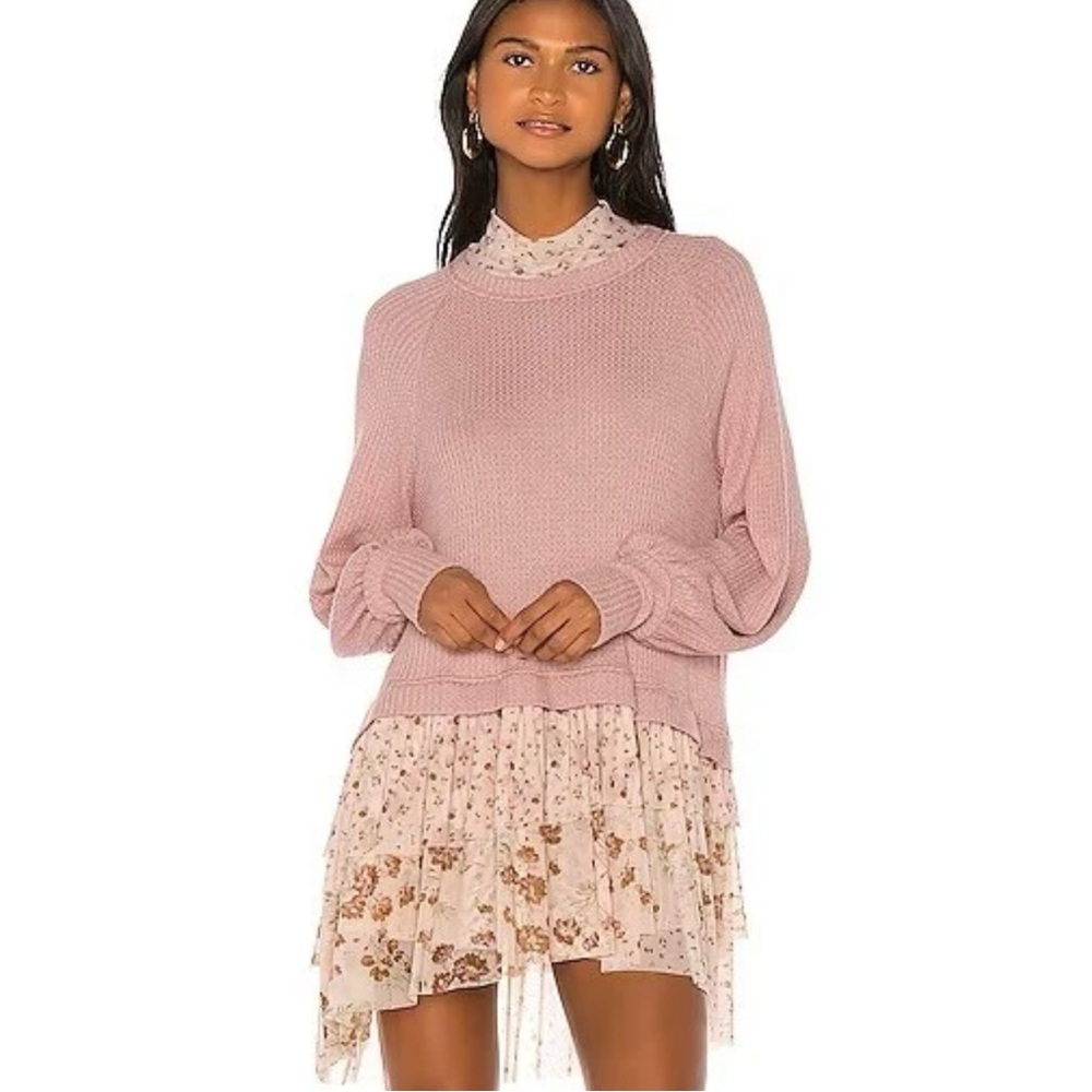 FREE PEOPLE: Sweet Escape Thermal Waffle Knit  Layered Floral Chiffon Dress..NWT
